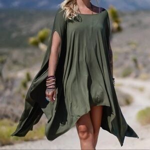 Boho Olive Green Tunic Top Dress Asymmetrical Hem BRAND NEW